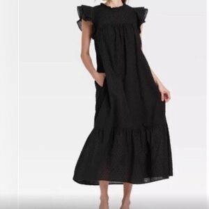 Who What Wear Black Swiss Dot Ruffle Sleeve Midi Dress - Medium